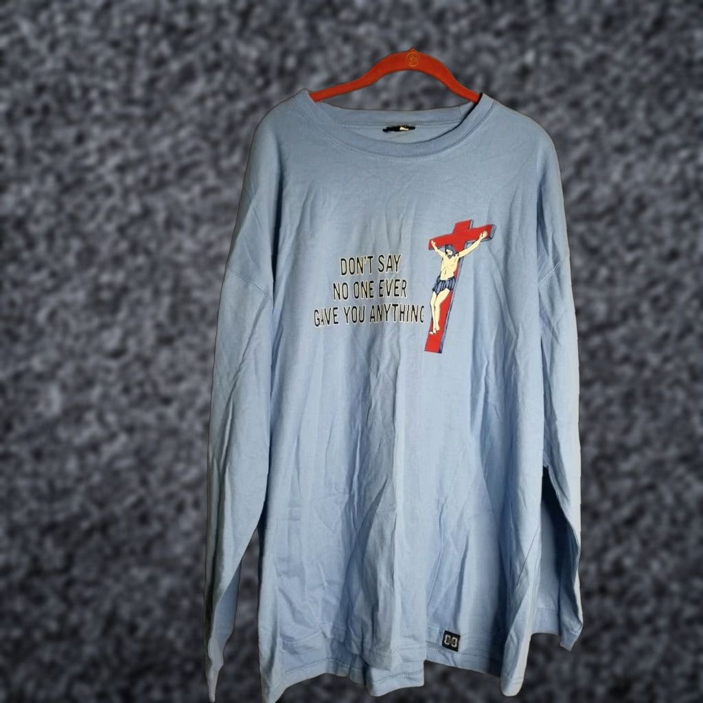 VINTAGE Men’s 2XL T-Shirt - Jesus Don’t Say No One Gave You Anything Cross Bible - Cotton Club - Long Sleeve - Blue 90s Sports Theme