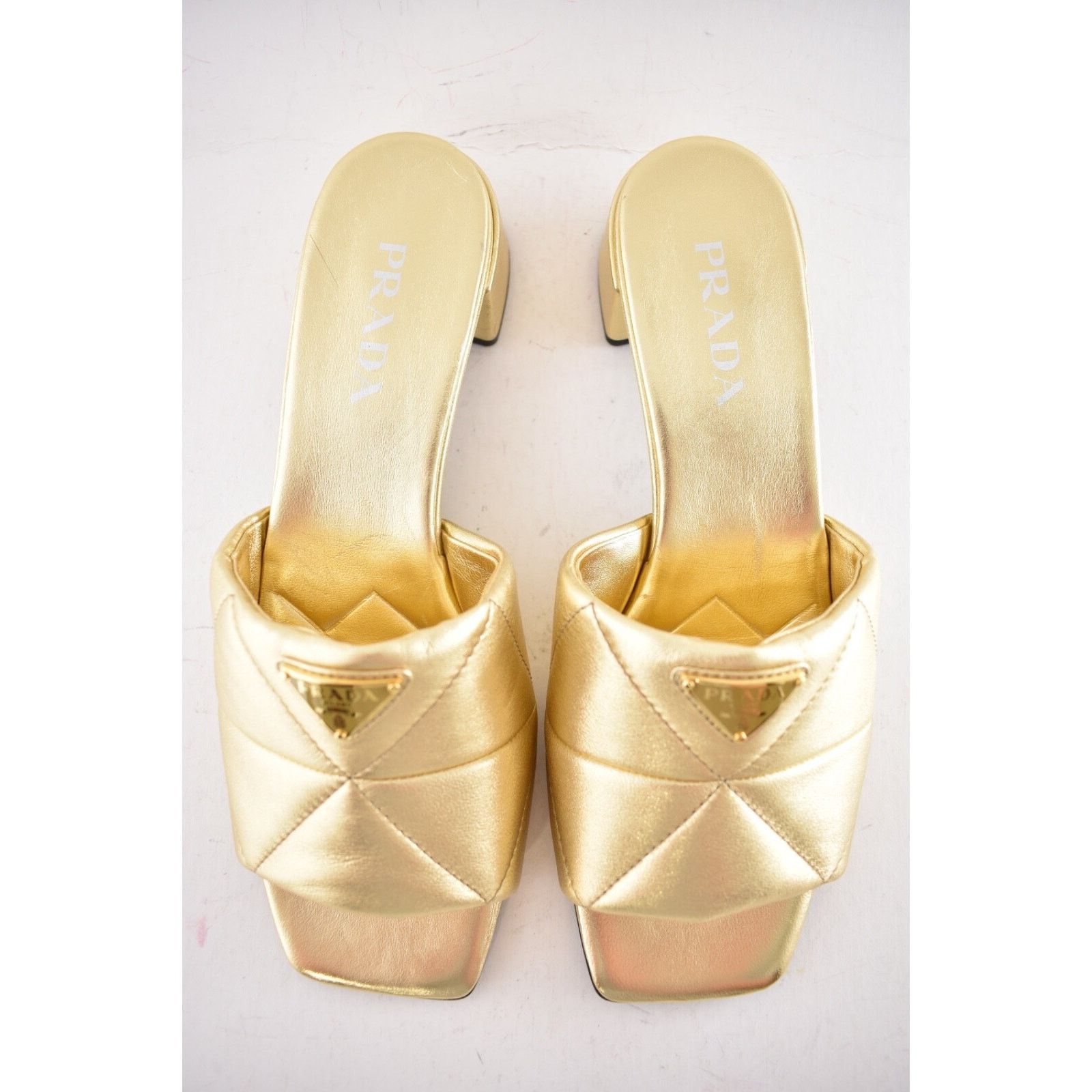 Prada Prada Quilted Leather Diagram Gold Slide Sandal Heel 40.5 Size US 10.5 / IT 40.5 - 10 Thumbnail