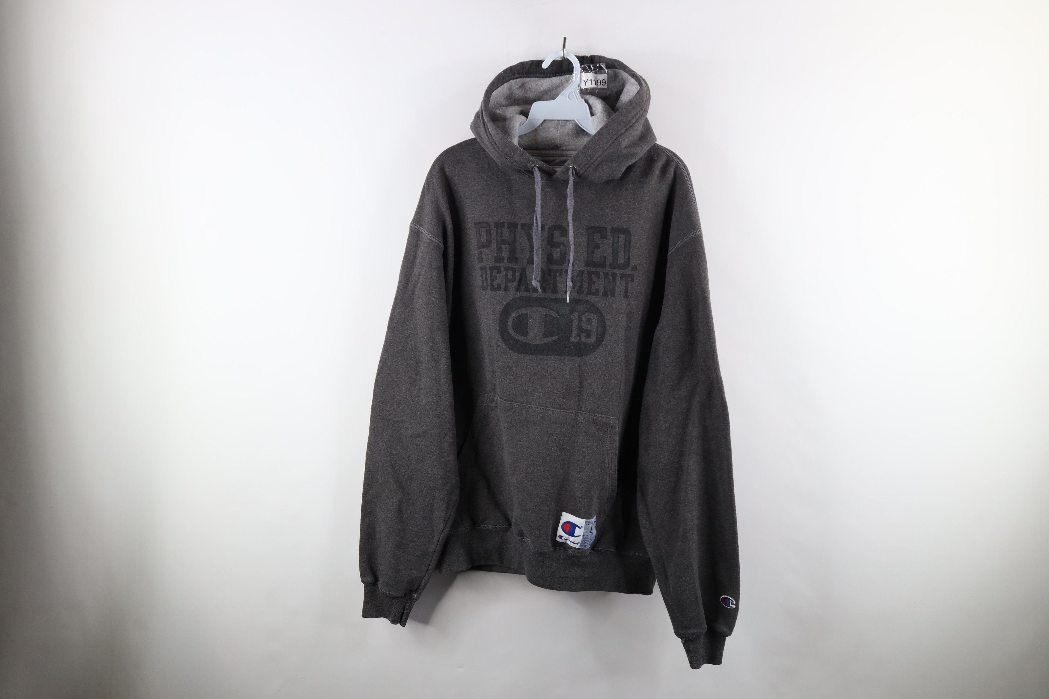 Vintage Champion Big Logo Hoodie Sweatshirt Charcoal Gray