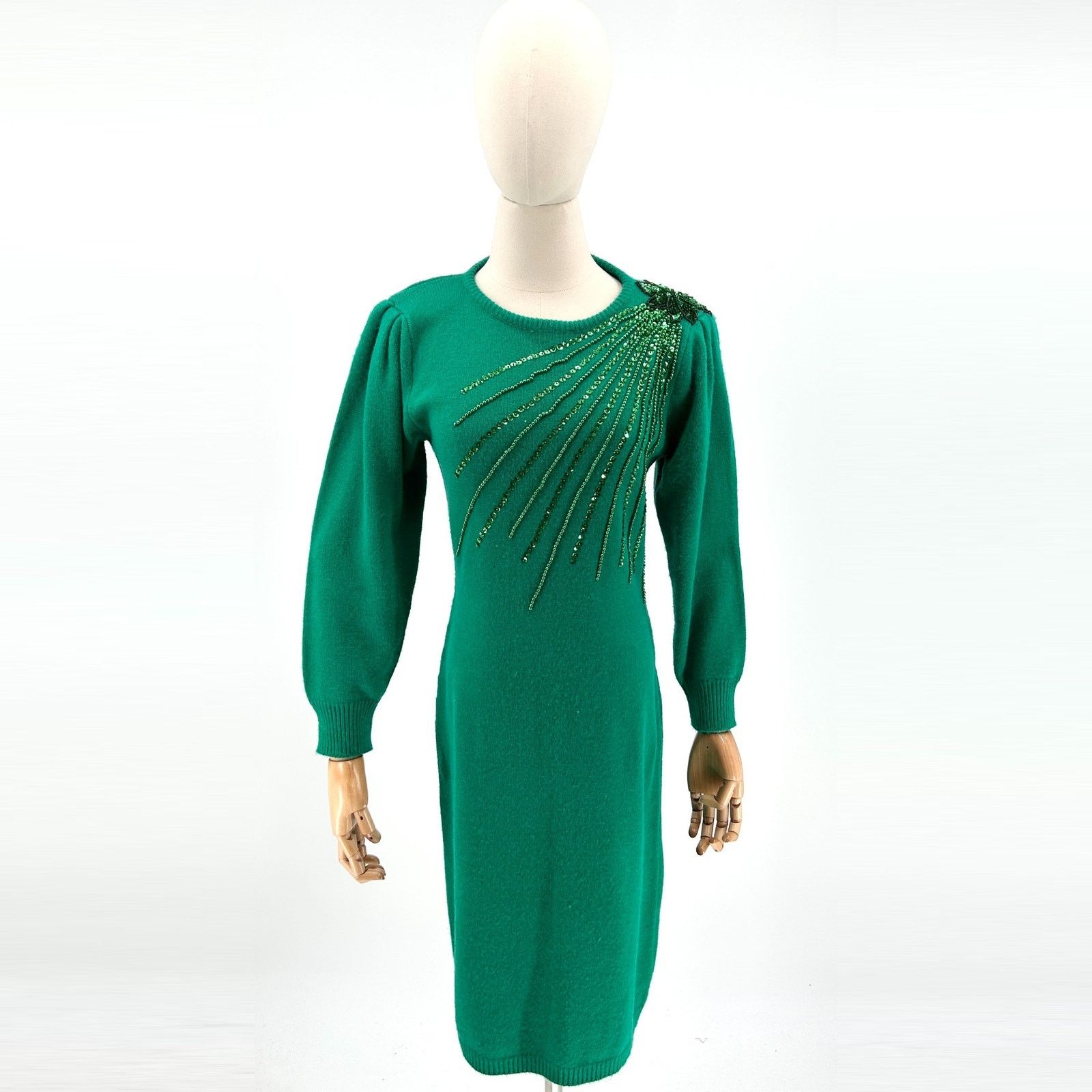 80s Interim Green Sequin Shoulder Pad Knit Sweater Dress