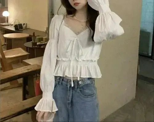 Japanese Brand Women's Puff Sleeve Chiffon Blouse Korean Ruffle Size ONE SIZE - 5 Thumbnail