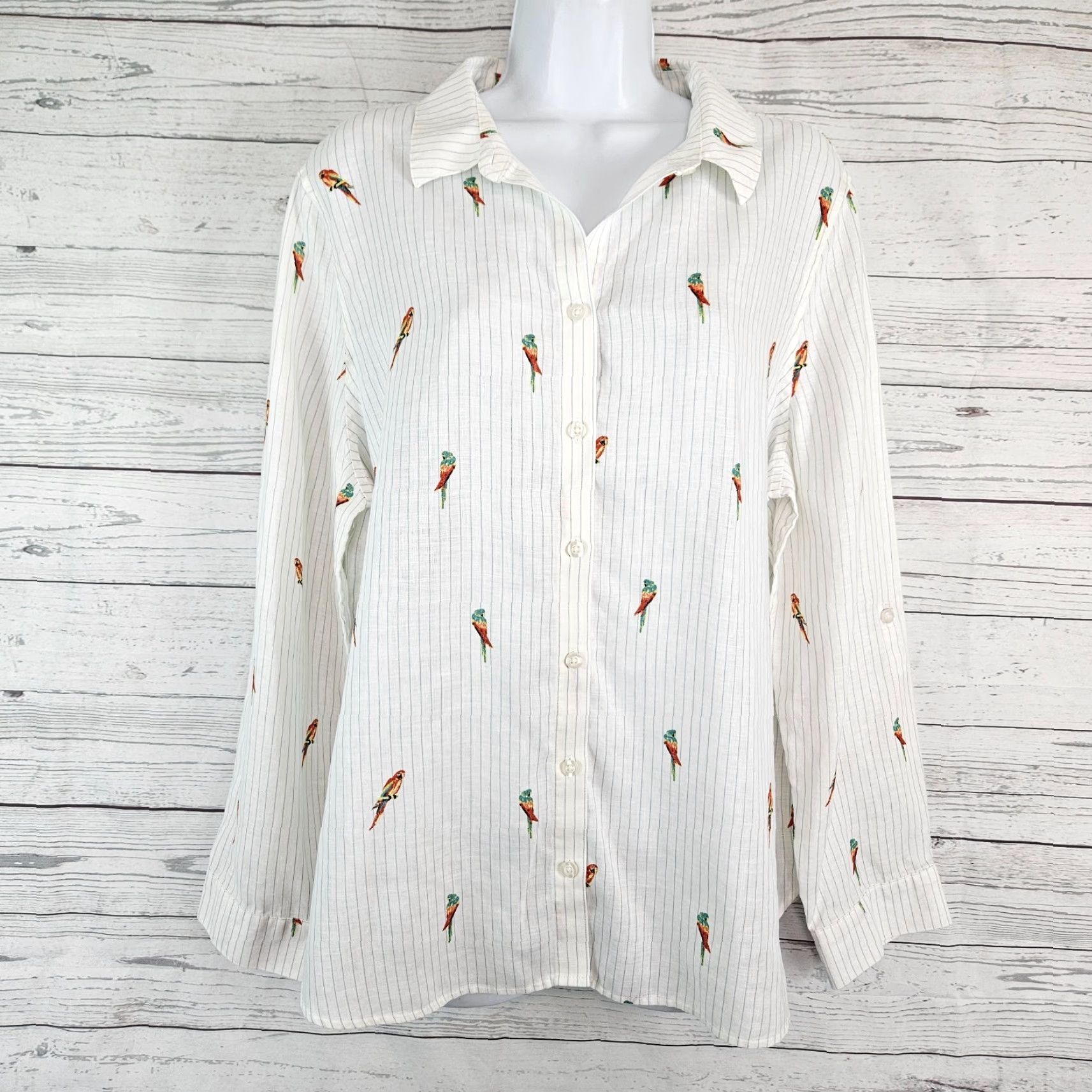 Vintage Chicos Womens Shirt Sz XL No Iron Linen Button-Up White Red Parrot Print Size XL / US 12-14 / IT 48-50 - 2 Thumbnail