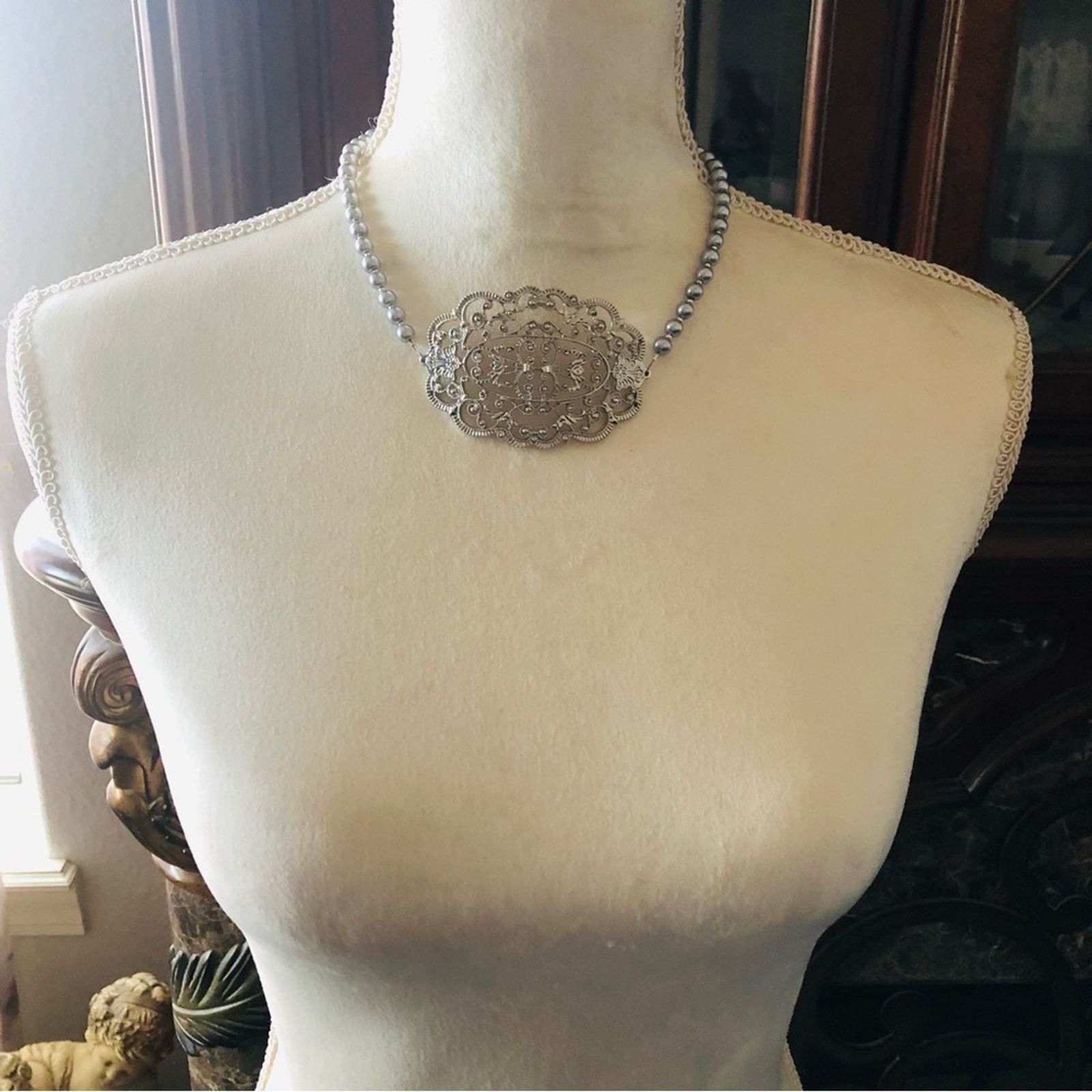 Handmade Handcrafted repurpose large silver filigree Pearl necklace Size ONE SIZE - 5 Thumbnail