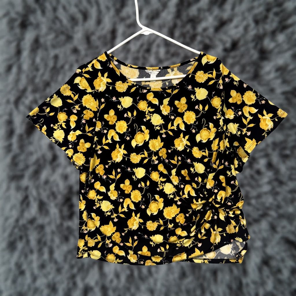 Vintage Cato T-Shirt Womens Black Yellow Floral Short Sleeve Scoop Neck with Side Knot Ruched Front Size L / US 10 / IT 46 - 1 Thumbnail