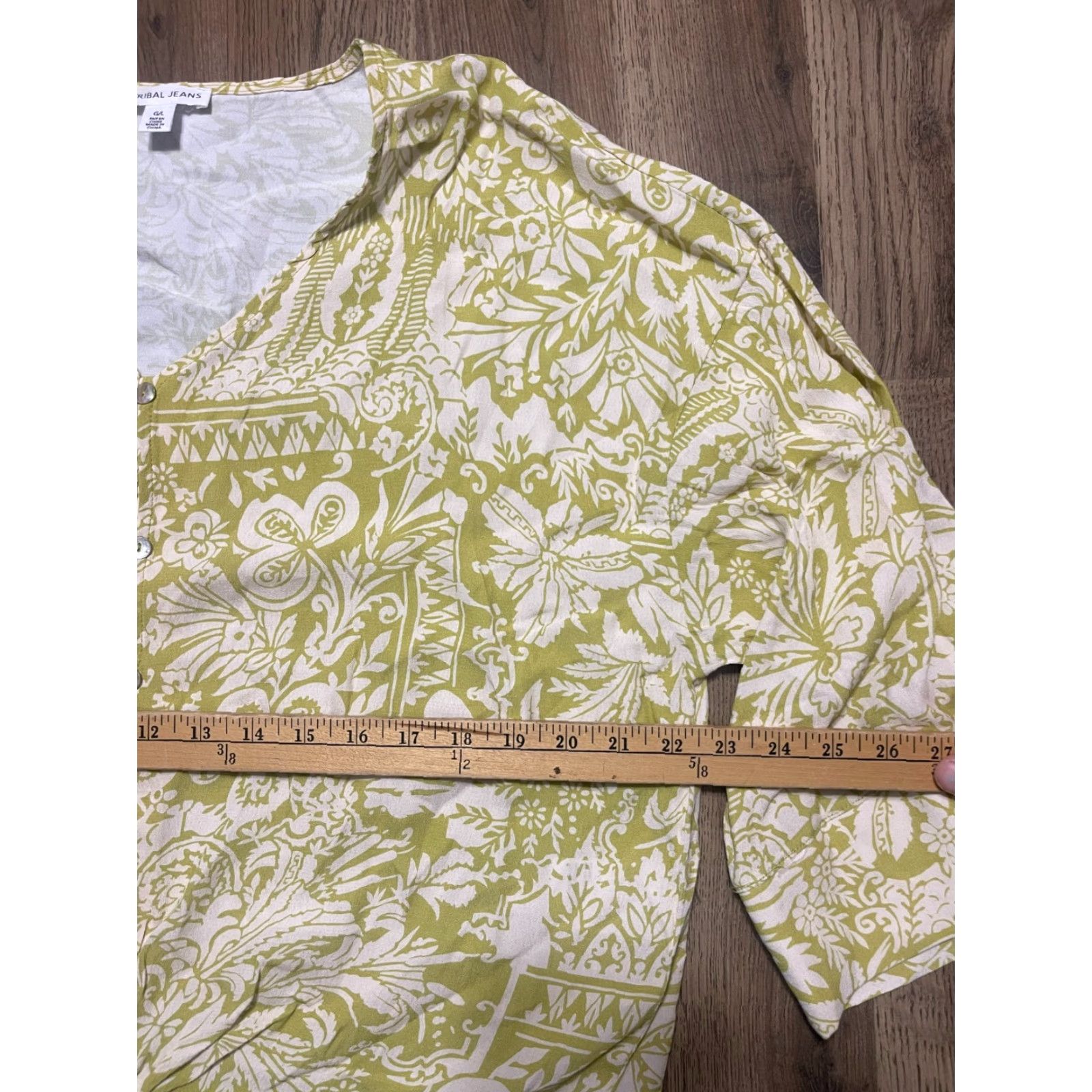 Vintage Tribal Shirt Womens Large Green White Floral V-neck Button Up Front Tie Casual Size L / US 10 / IT 46 - 7 Thumbnail