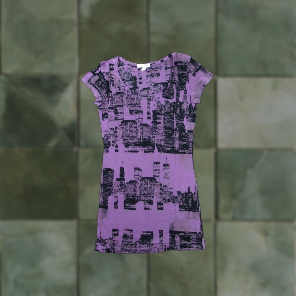 Vintage Delias Dress Womens XS Purple Cityscape Graphic Short Sleeve Tunic Fitted Casual Mini Size XS / US 0-2 / IT 36-38 - 1 Thumbnail