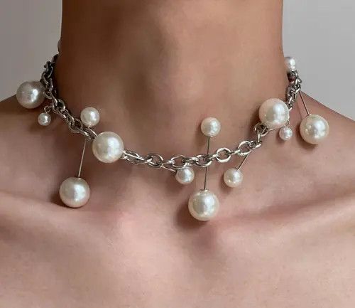Jewelry Silver Chain Pearl Accent Choker Necklace, Statement Jewelry Size ONE SIZE - 1 Thumbnail