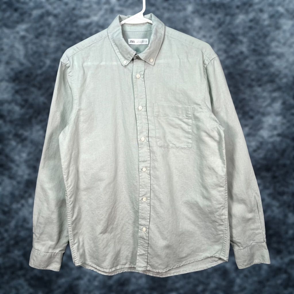 Zara Zara Mens Size Small Light Green Button-Up Linen Blend Shirt Size US S / EU 44-46 / 1 - 1 Thumbnail