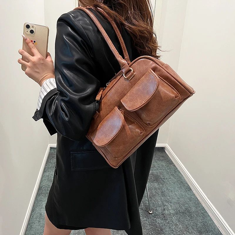 Leather Brown Double Pockets Shoulder Bag Size ONE SIZE - 1 Thumbnail