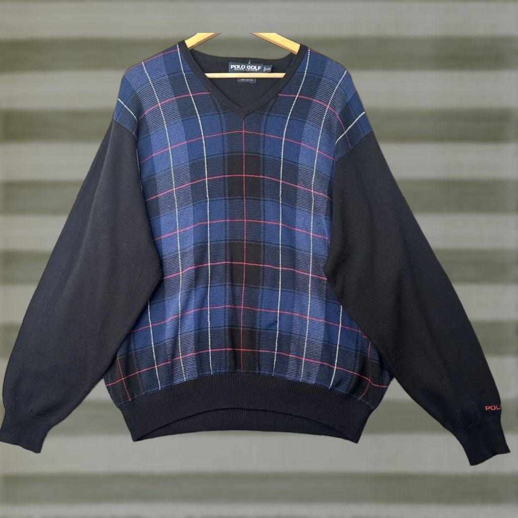 VINTAGE Polo Ralph Lauren Polo Golf V Neck Sweater Mens 2XL Plaid Knit Black Blue