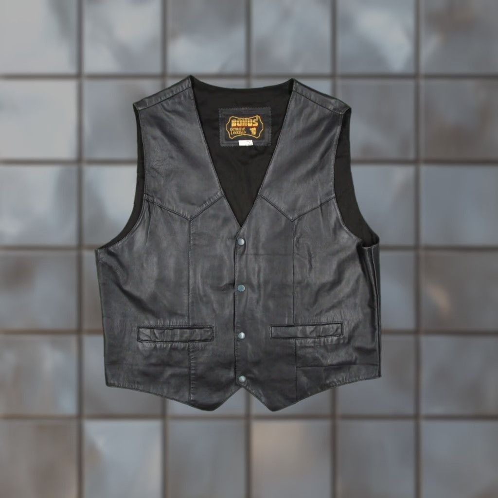 Vintage Bonus Genuine Leather Men vest - 2XL Black Snap Front - Cowboy Motorcycle Workwear Casual Size US XXL / EU 58 / 5 - 1 Thumbnail