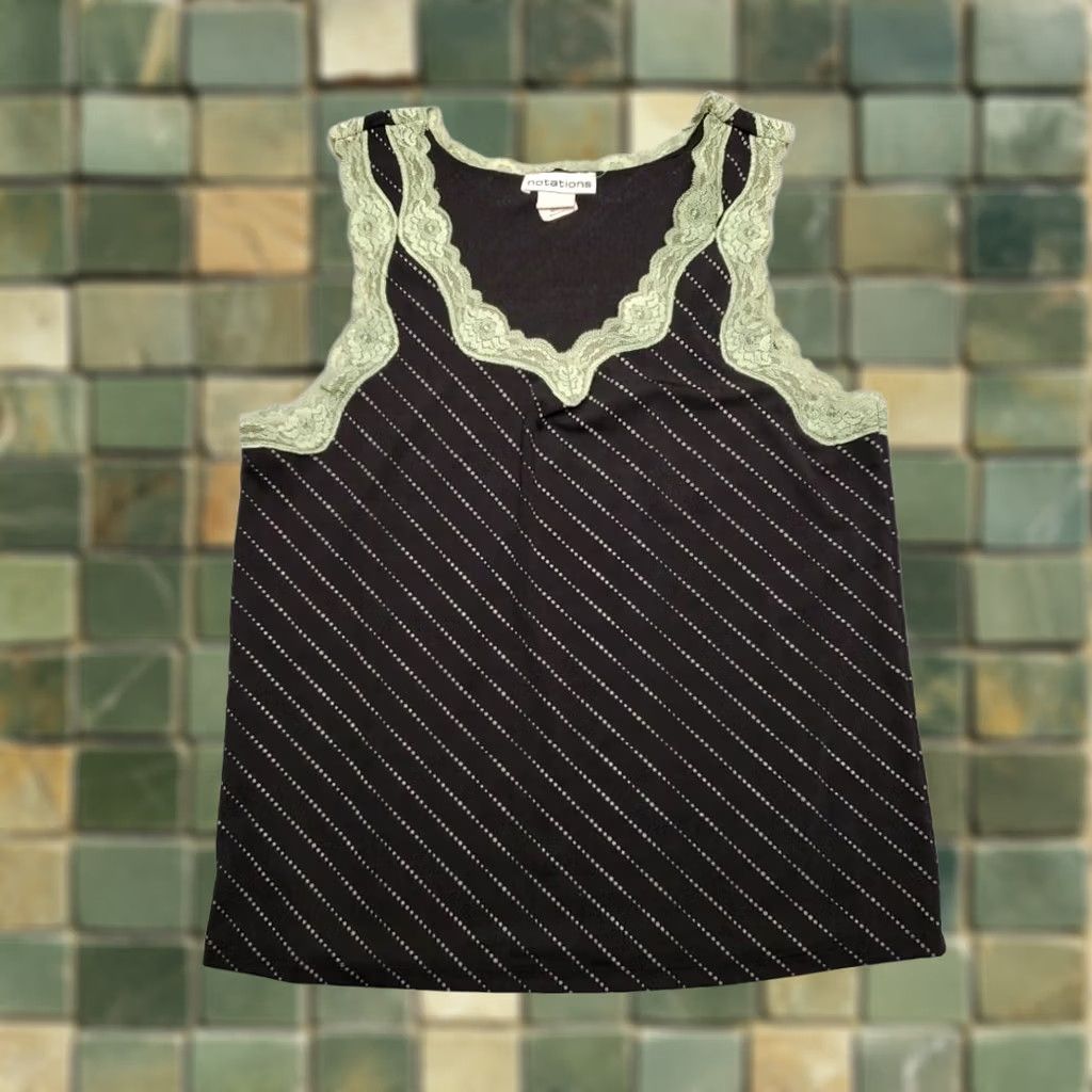 Vintage Notations VTG Tank Top Womens Medium Black Green Lace Trim Sleeveless Stripe USA Size M / US 6-8 / IT 42-44 - 1 Thumbnail