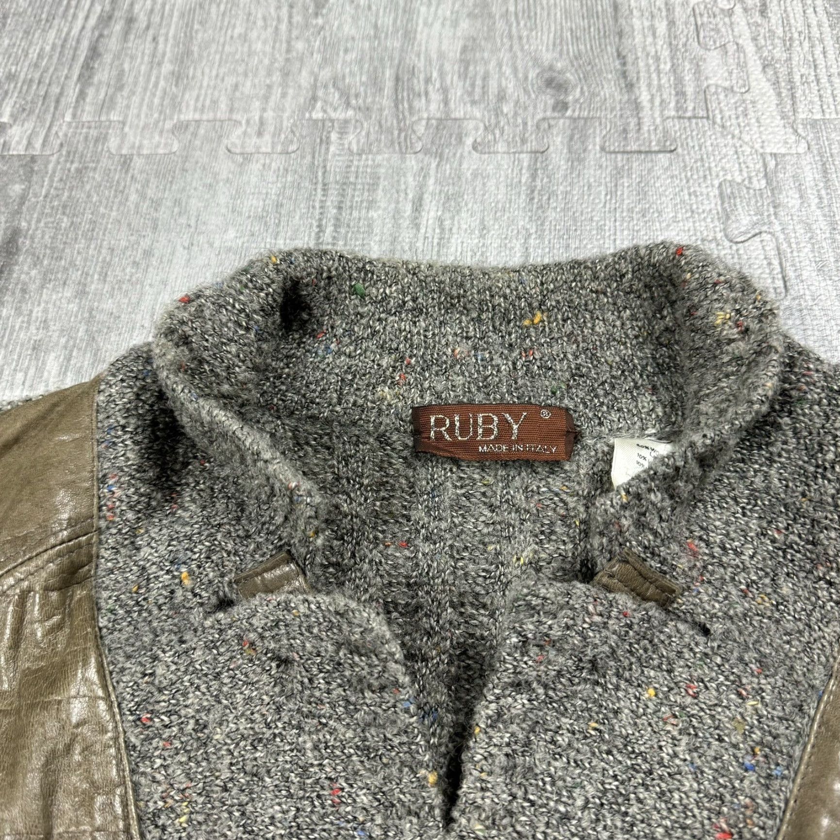Vintage VINTAGE Ruby Leather Accent Rag Wool Mohair Cardigan Blazer Mens Italy SZ M Gray 1970s Secretary/Geek 70s Mens Size US M / EU 48-50 / 2 - 3 Thumbnail