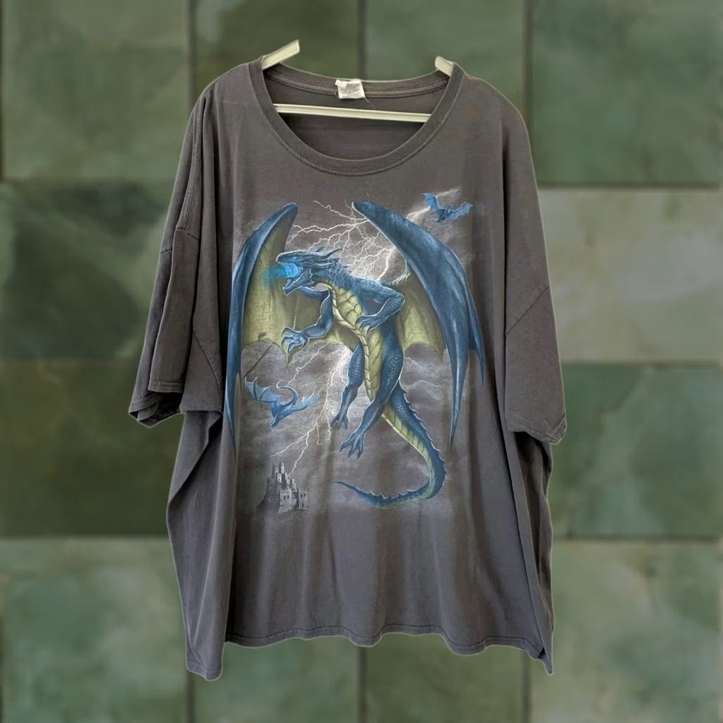 Fruit Of The Loom VINTAGE Dragon Graphic T-Shirt Mens 3XL Gray Blue Lightning Castle Fruit of the Loom HD Cotton Size US XXL / EU 58 / 5 - 1 Thumbnail