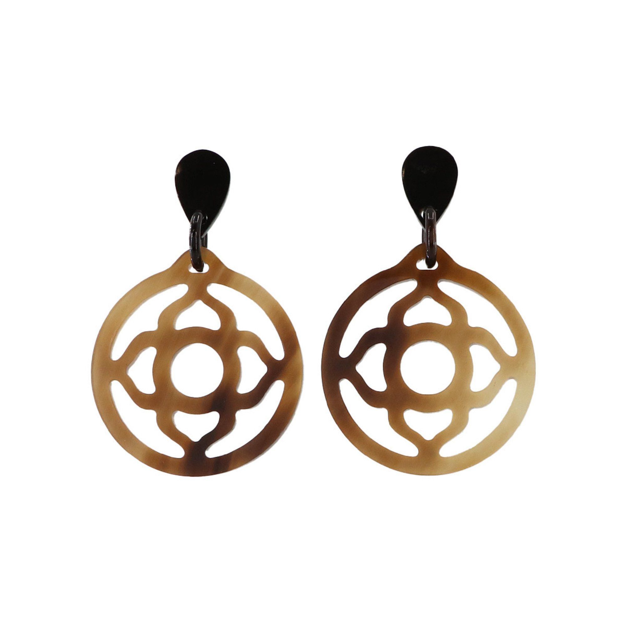 image of Hermes Buffalo Horn Earrings, Brown, Silver Metal Fittings, Women's