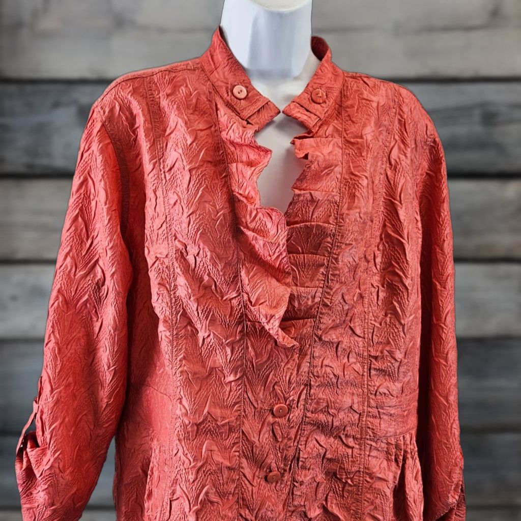 Vintage Chicos Womens Crinkle Jacket Sz Large Orange Button Front Tabbed Sleeves Size L / US 10 / IT 46 - 1 Thumbnail