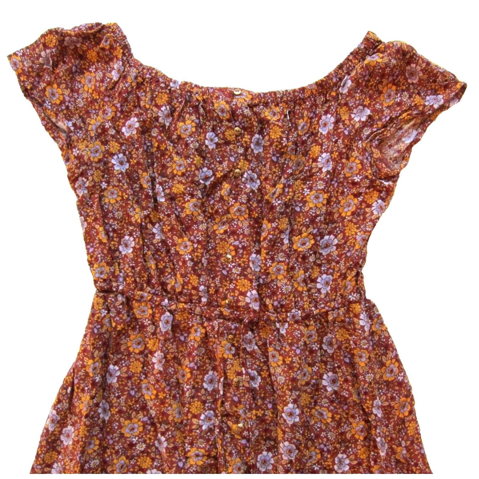 Vintage Indigo Rose Sun Dress Cap Sleeve Maxi Floral Indigo Rose Brown Purple Small 36" front hem 42" shoulder to bottom hem long Women Size S / US 4 / IT 40 - 3 Thumbnail