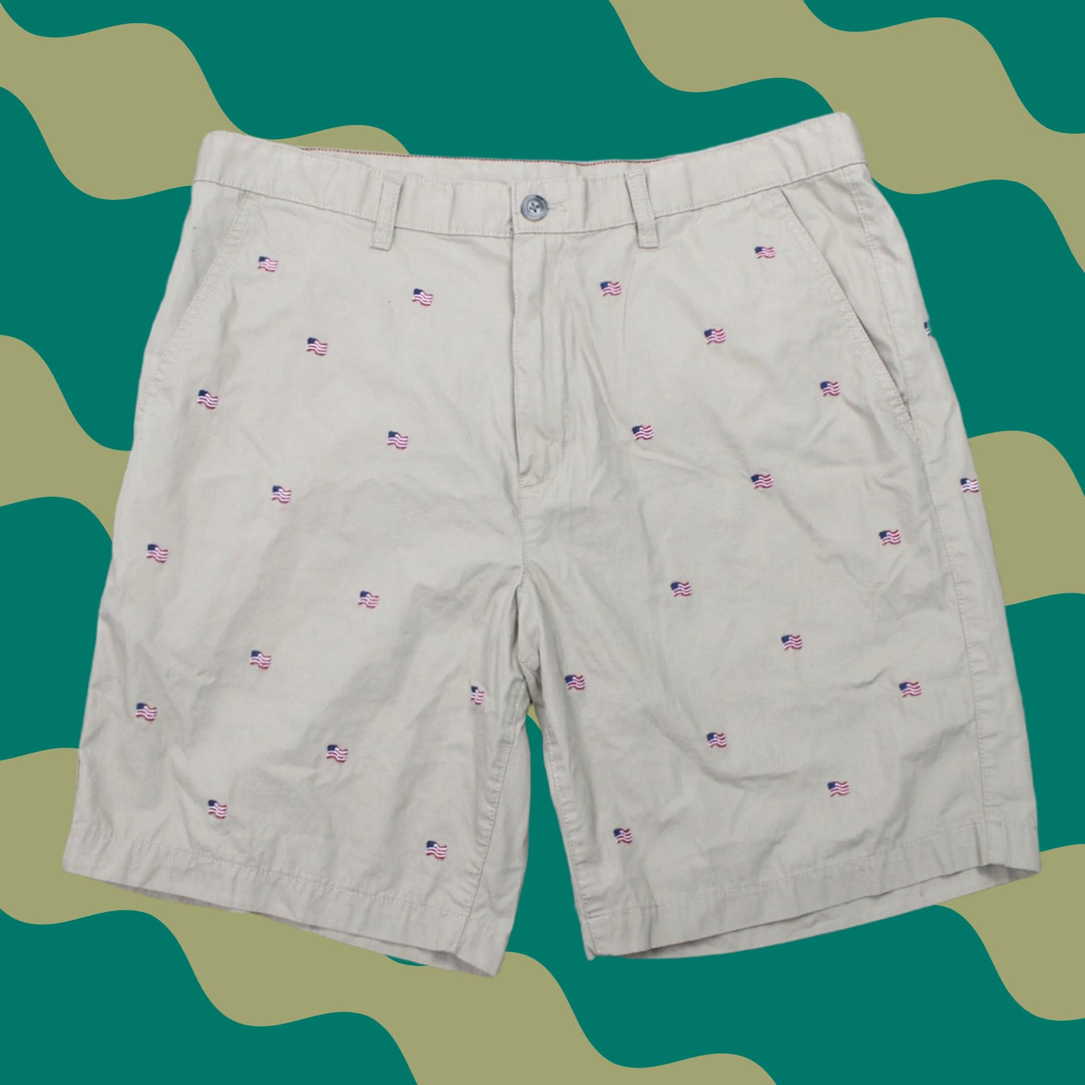 Eddie Bauer Eddie Bauer Men 35 Khaki American Flag All Over Print Chino Shorts 9" Inseam Casual Workwear Lightweight Pockets Regular Size 35 Mens Size US 35 - 1 Thumbnail
