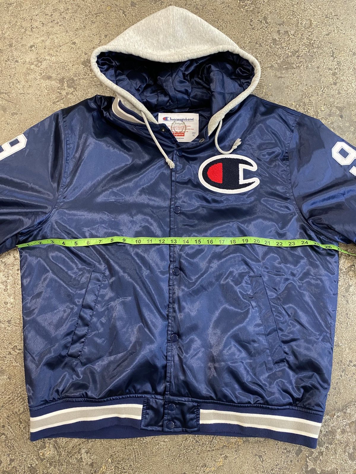 Champion × Supreme Supreme Champion Navy Blue Satin Varsity Jacket Size US XL / EU 56 / 4 - 4 Thumbnail
