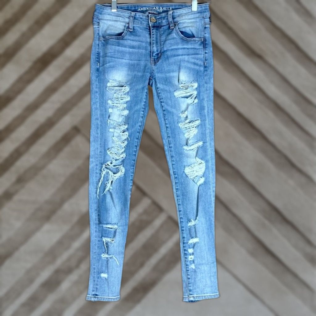 American Eagle Outfitters VINTAGE American Eagle Womens Jeans Blue Denim Mid Rise Jegging Distressed Stretch 6 Size 29" - 1 Thumbnail