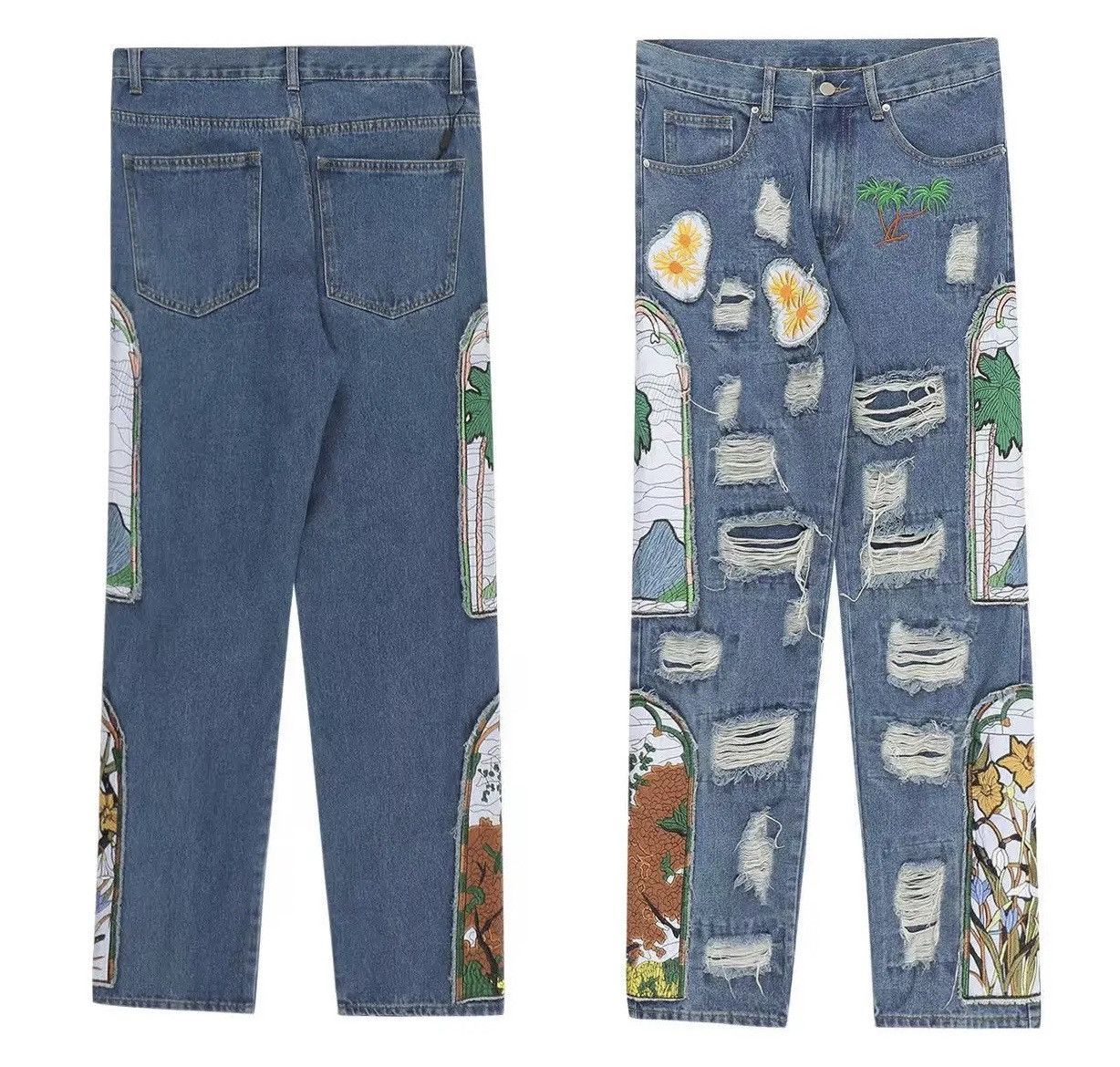 Japanese Brand Harajuku Washed Torn Embroidered Patches Straight Jean Size US 37 - 2 Thumbnail