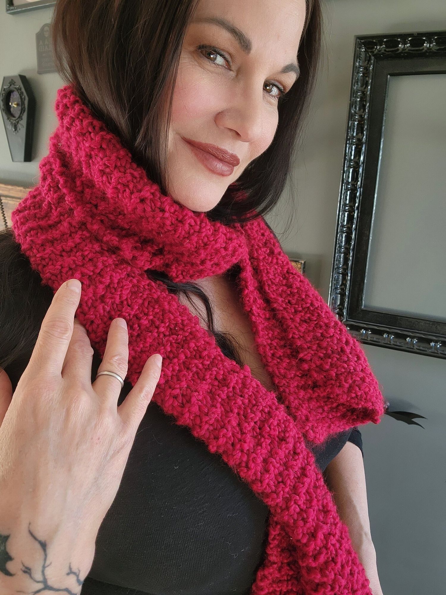 Handmade Knit Scarf, Chunky Red Boucle Yarn, "Crimson" OOAK One Of A Size ONE SIZE - 7 Thumbnail