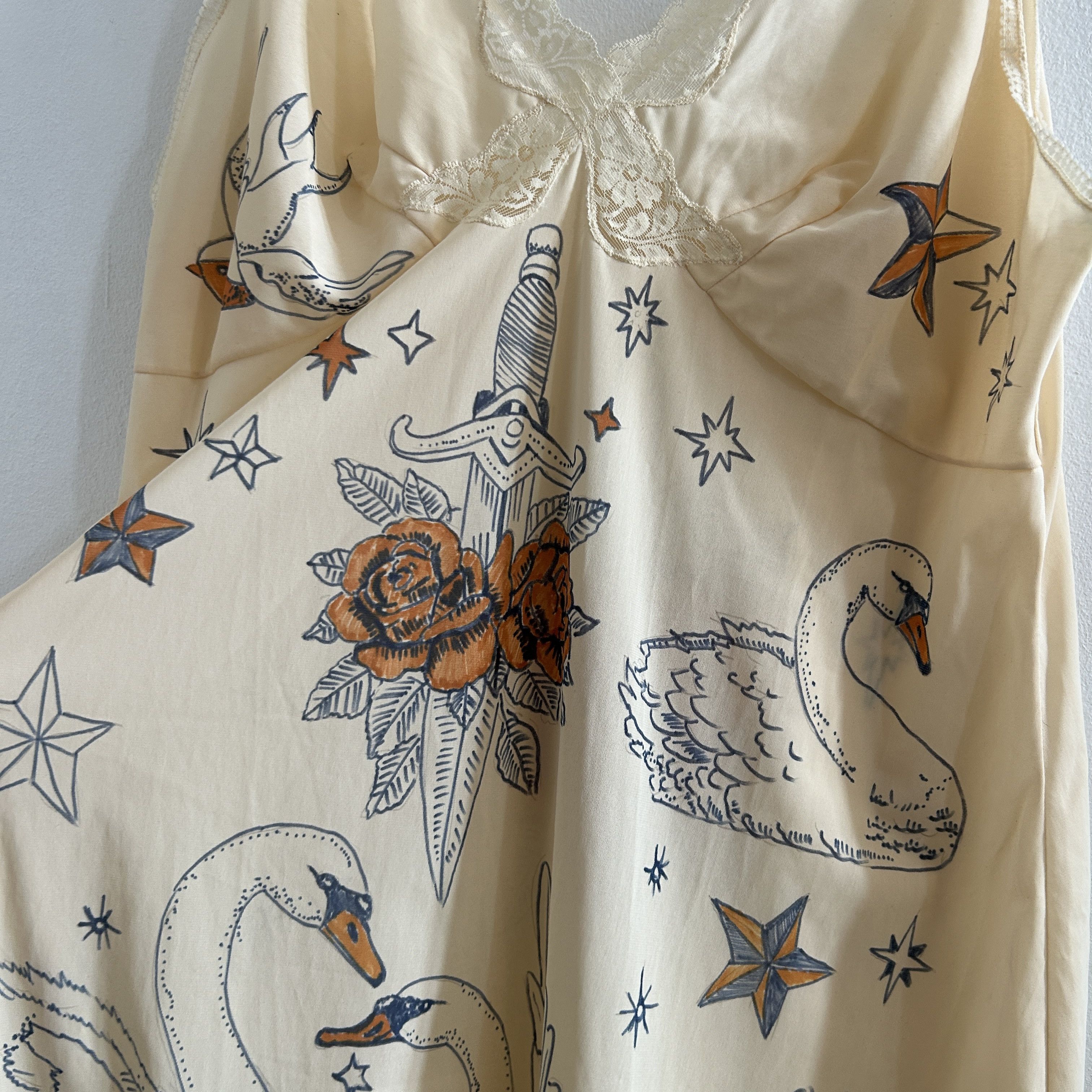 Custommade Hand-Painted Tattoo Swan Slip Dress Size L / US 10 / IT 46 - 13 Thumbnail