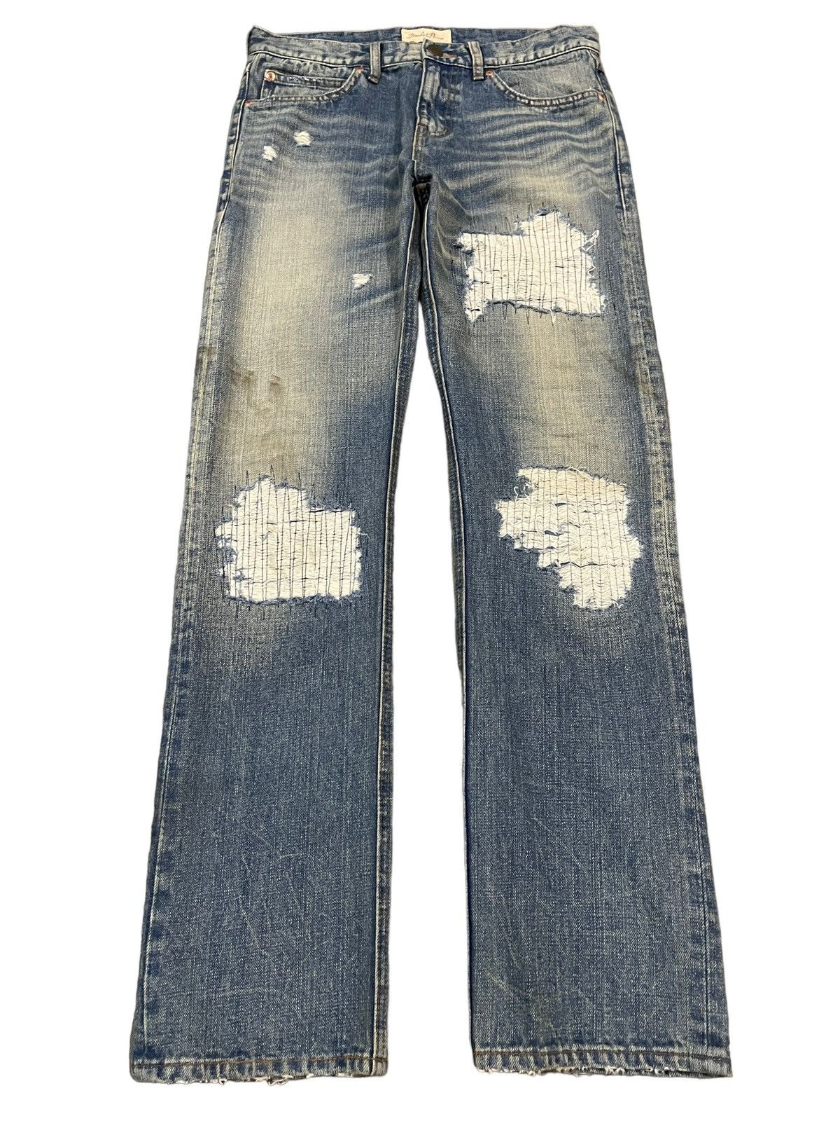 If Six Was Nine Vintage Japan Brand Blue Wash Distress Sashiko Style Jeans Size US 31 - 1 Thumbnail