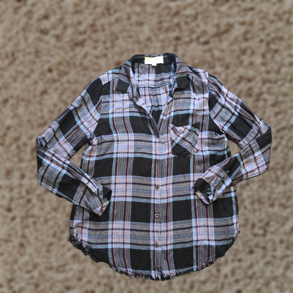 CLOT Cloth Stone Top Womens Large Black Blue Plaid Flannel Casual Button Collar Long Sleeve Lightweight Regular Size L / US 10 / IT 46 - 1 Thumbnail