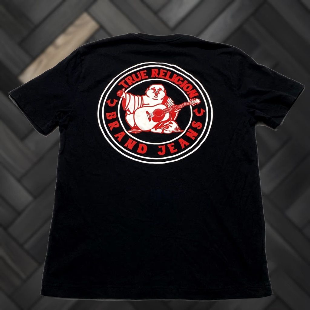 True Religion TRUE RELIGION T-Shirt Mens M Black Buddha Guitar Back Print Logo Graphic Tee Size US M / EU 48-50 / 2 - 1 Thumbnail
