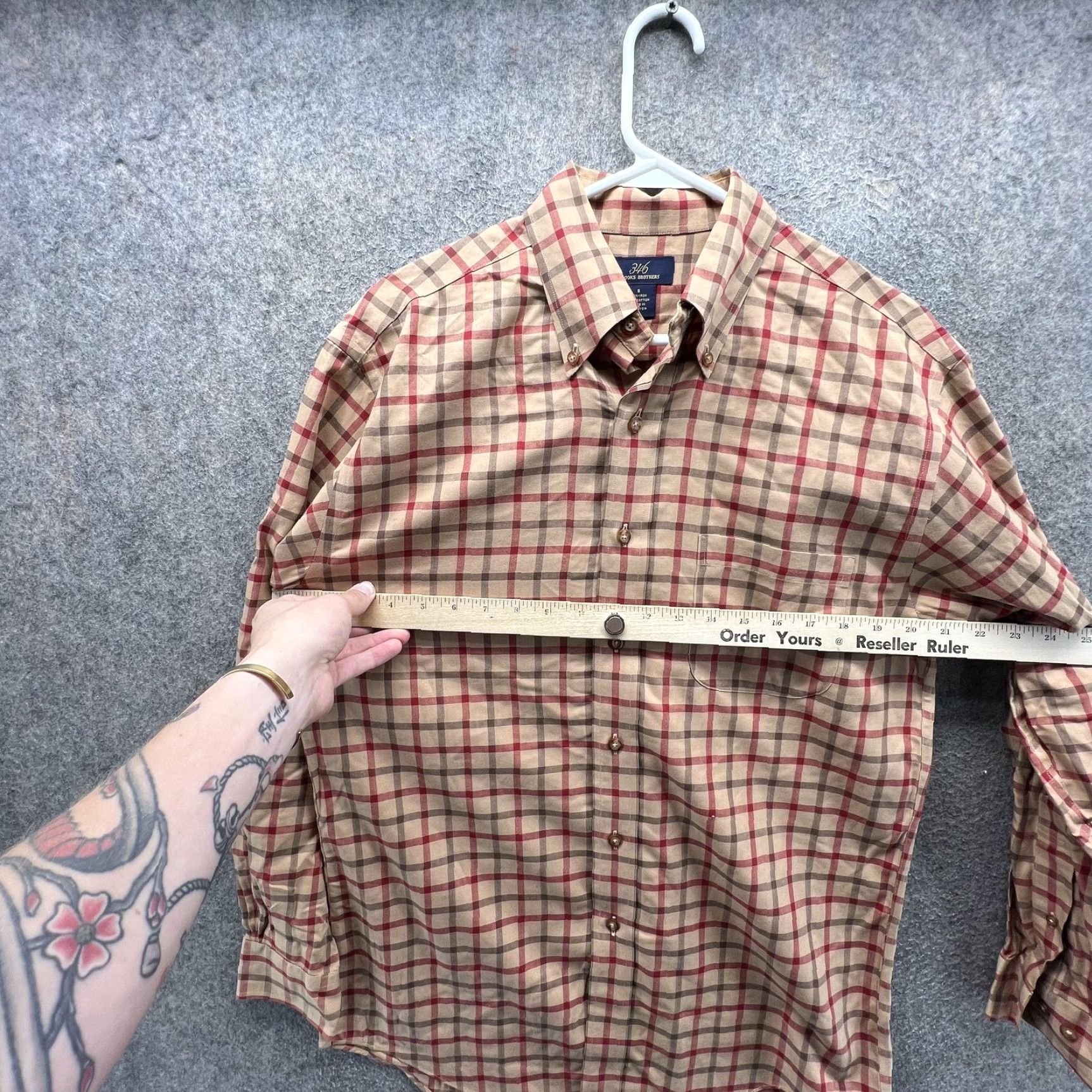 Brooks Brothers Brooks Brothers Dress Shirt Mens Small Beige Plaid Non Iron 346 Button-Down Short Sleeve? Size 36R - 3 Thumbnail