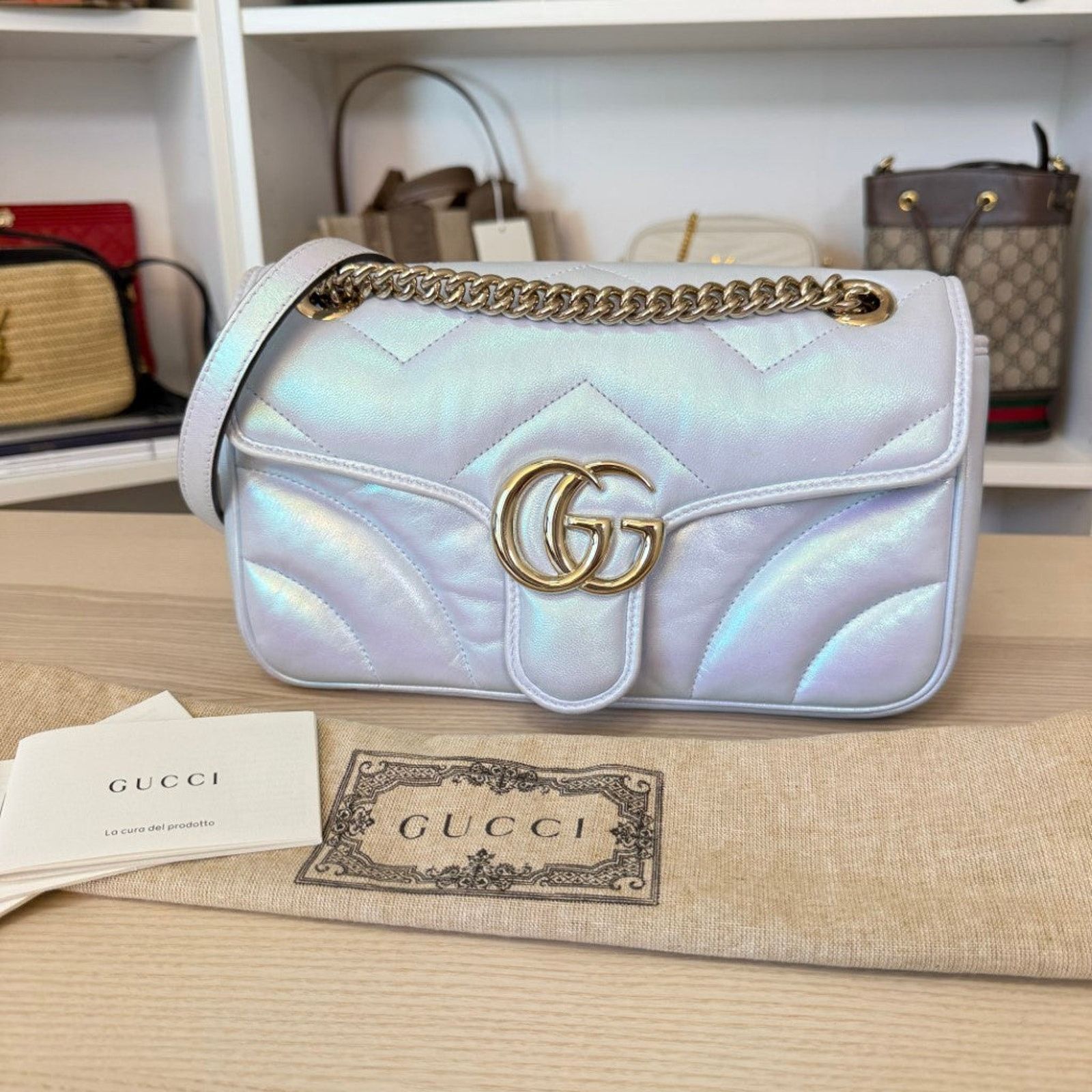 Gucci Matelasse Small GG Marmont Iridescent Snow Light Blue