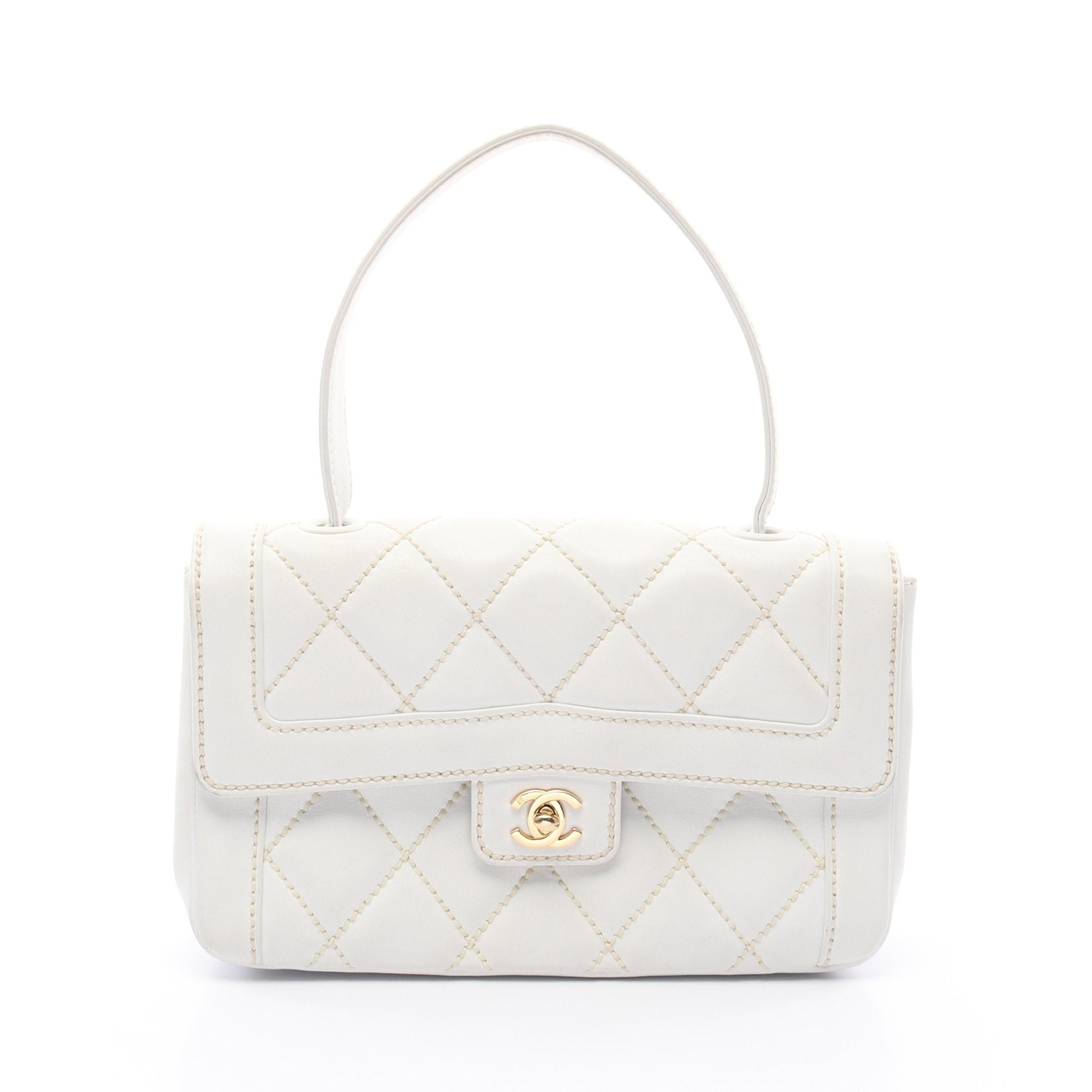 Chanel Wild Stitch Top Handle Handbag Leather White Gold Hardware