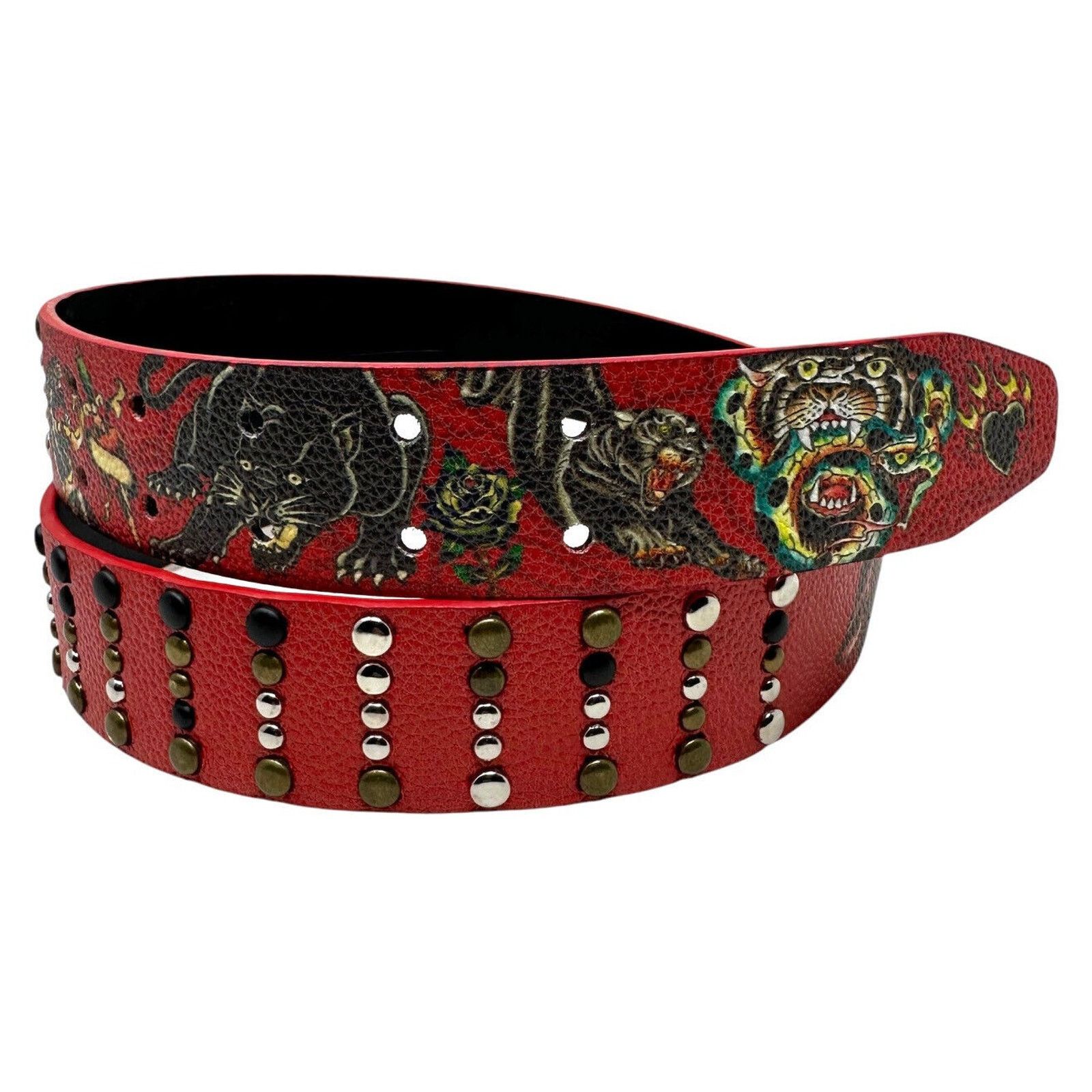 Ed Hardy Ed Hardy Men's Panther Print Red Belt With Rivet Studs Size 40 - 2 Thumbnail