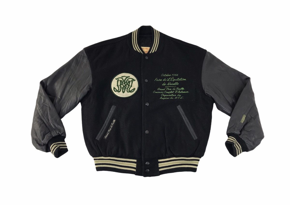image of Varsity Jacket x Vintage 90's Peyton Place For Men Grand Prix Jacket Leather Sleeve in Black (Size 