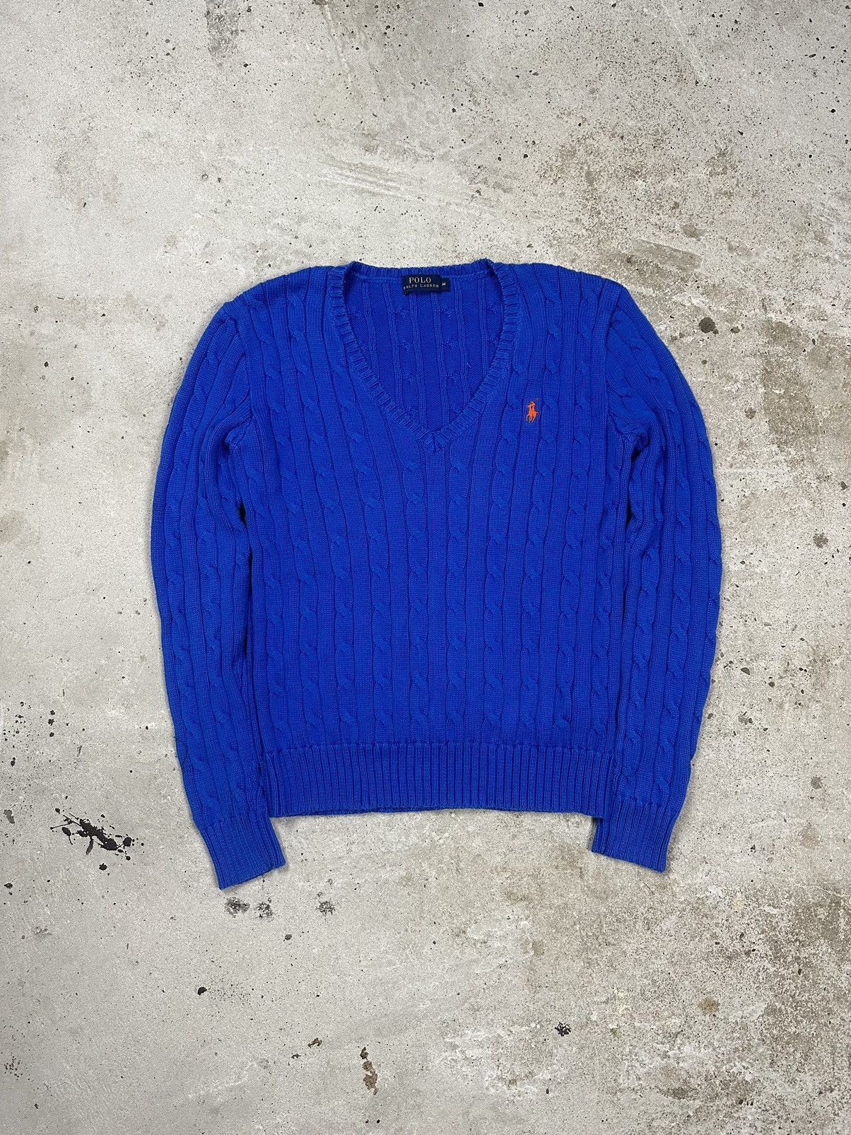 Vintage Y2K Polo Ralph Lauren Cable Knit V Neck Sweater Blue