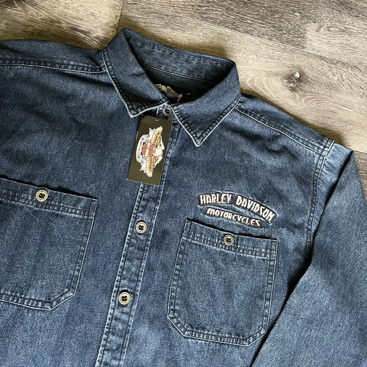 Harley Davidson × Vintage New Vintage Y2K Harley Davidson Flame Skull Denim Button Up Size US L / EU 52-54 / 3 - 4 Thumbnail