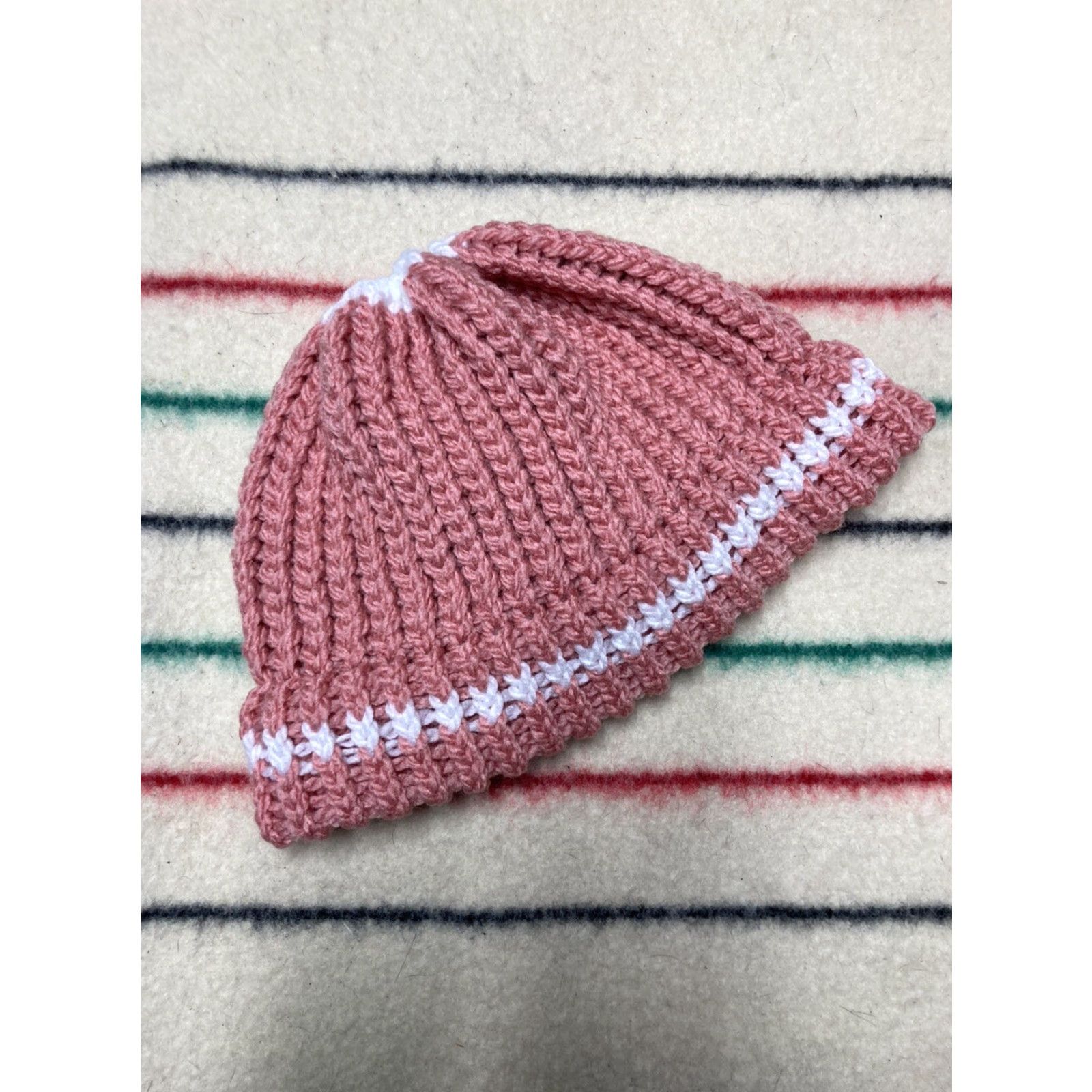 Pinko VINTAGE Crochet Knit Beanie Hand Made Pink White Stripe Snow Toboggan Soft Adult Beanie Women One Size Redo? Size ONE SIZE - 4 Thumbnail