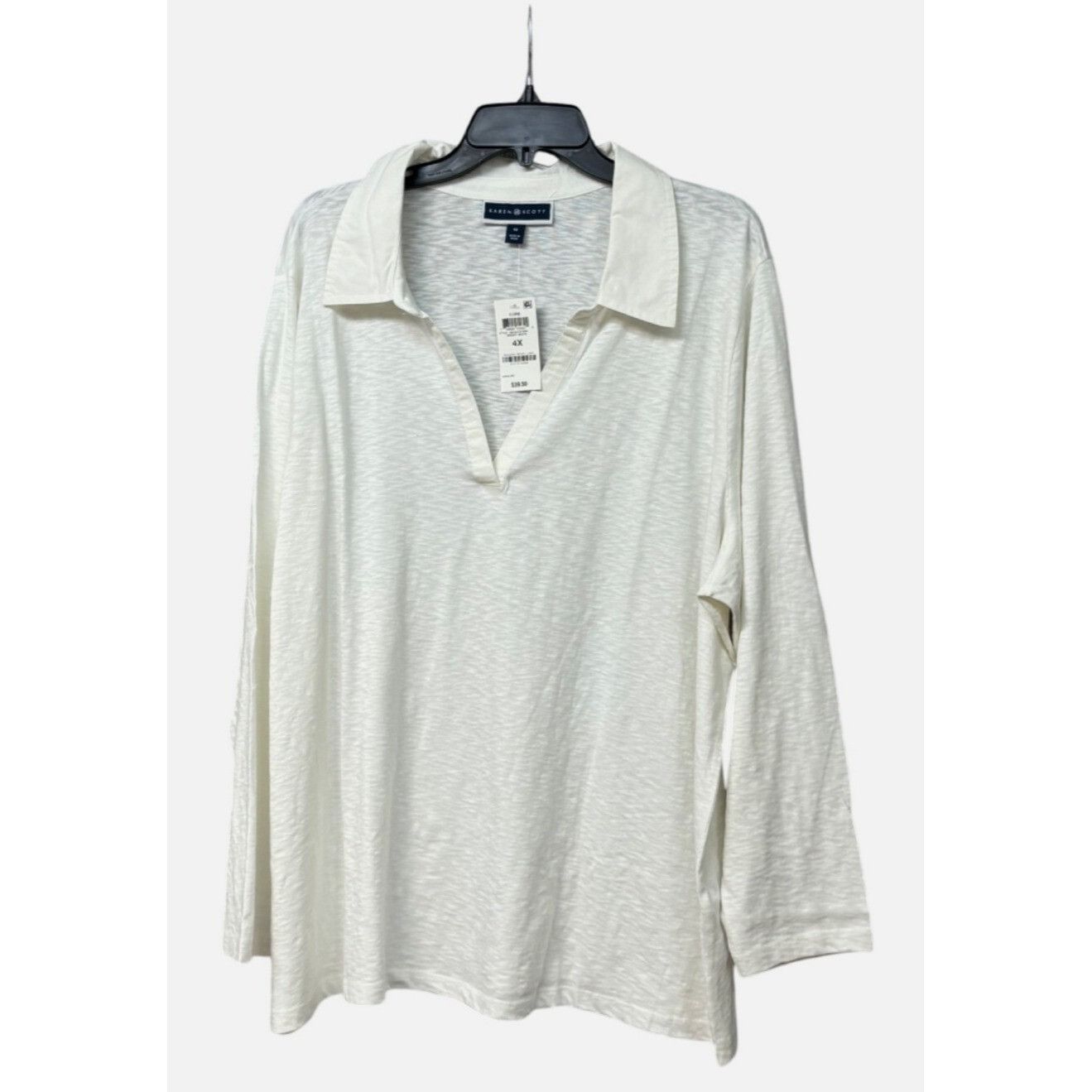 Other Karen Scott Size Cotton Open-Neck Polo Top, Bright White, 4 Size ONE SIZE - 2 Thumbnail