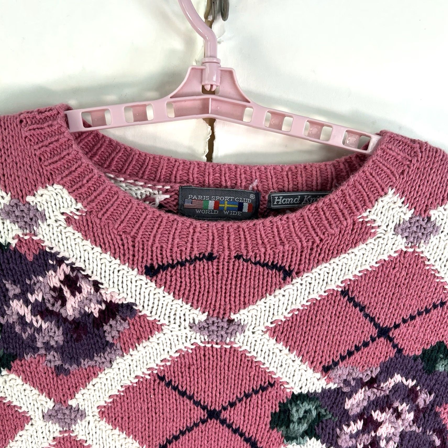 Vintage VINTAGE Paris Sports Club Sweater Womens L Pink Floral Knit Pullover Raglan Long Sleeve Round Neck 80s 90s City Paris (Hand Knitted) Size L / US 10 / IT 46 - 3 Thumbnail