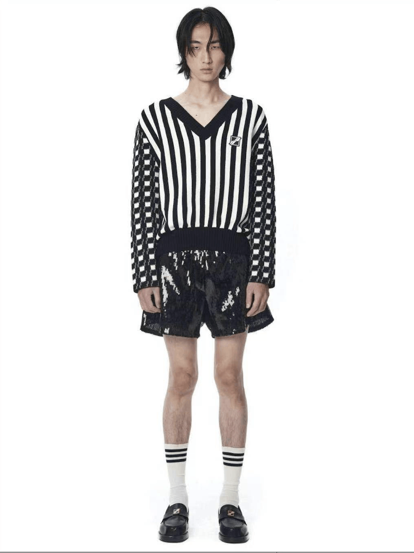 image of We11Done Stripe Gingham Check V-Neck Pullover in Black, Women's (Size Small)