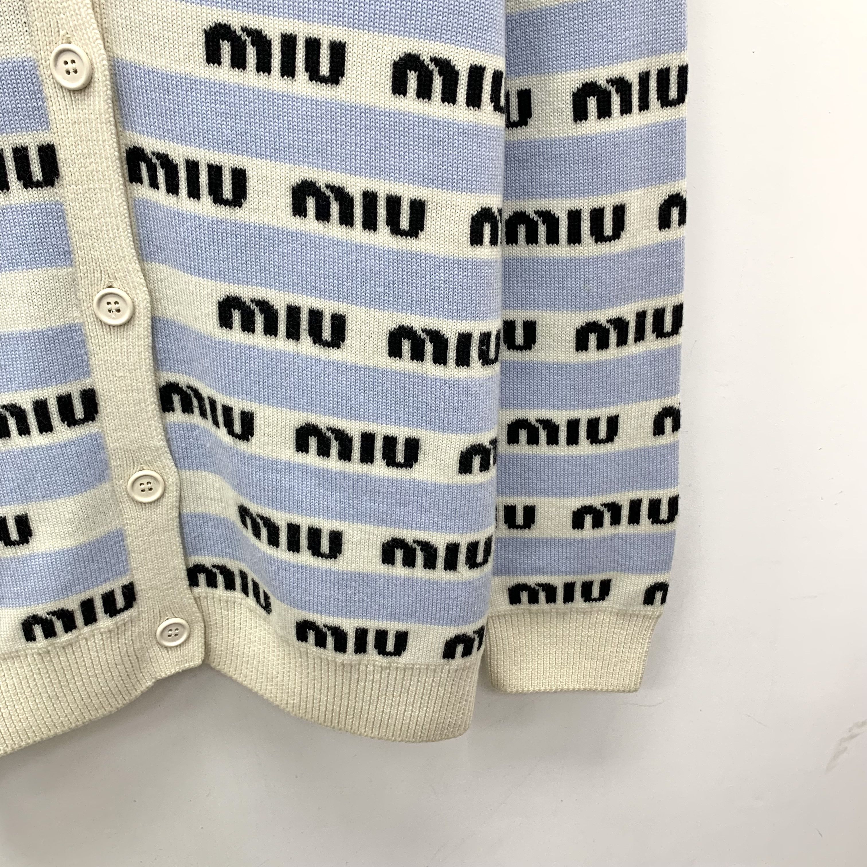 Miu Miu Miu Miu Striped Logo Wool Cardigan Light Blue (40) Size US XXS / EU 40 - 4 Thumbnail
