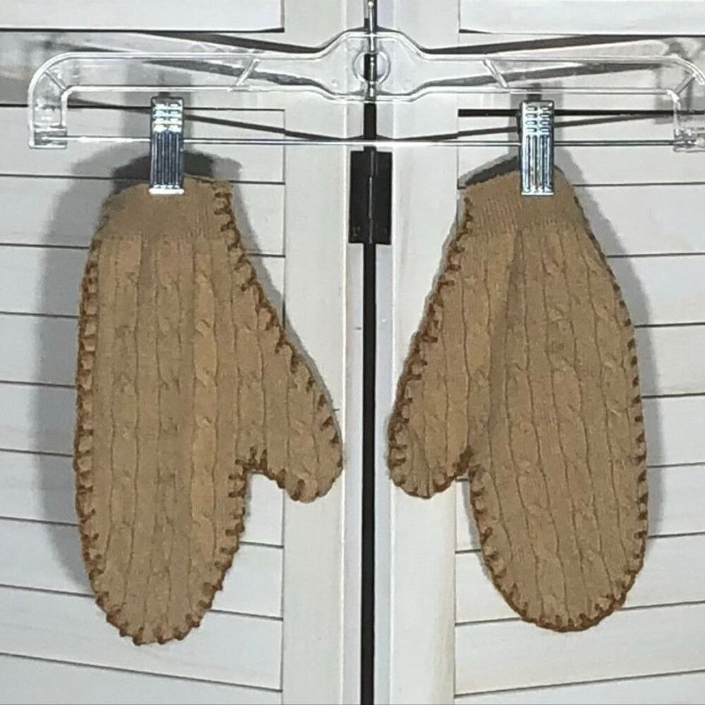 Vintage Cable Knit Wool Mittens 3D Puppy Appliqué Embroidery Beige L Size ONE SIZE - 4 Thumbnail