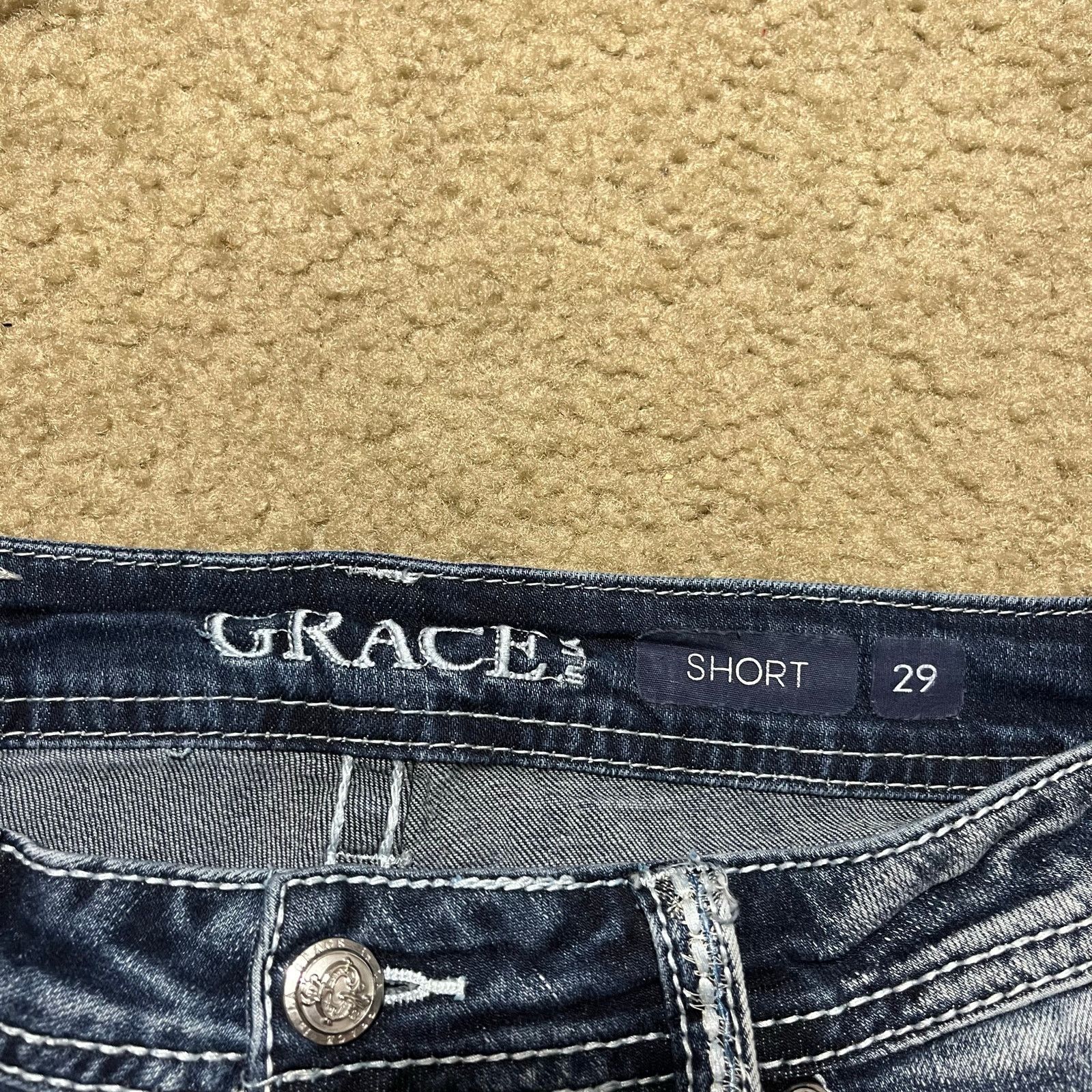 Grace in LA Y2K Grace Embroidered Distressed Dark Jean Booty Shorts 30W Size 30" / US 8 / IT 44 - 3 Thumbnail