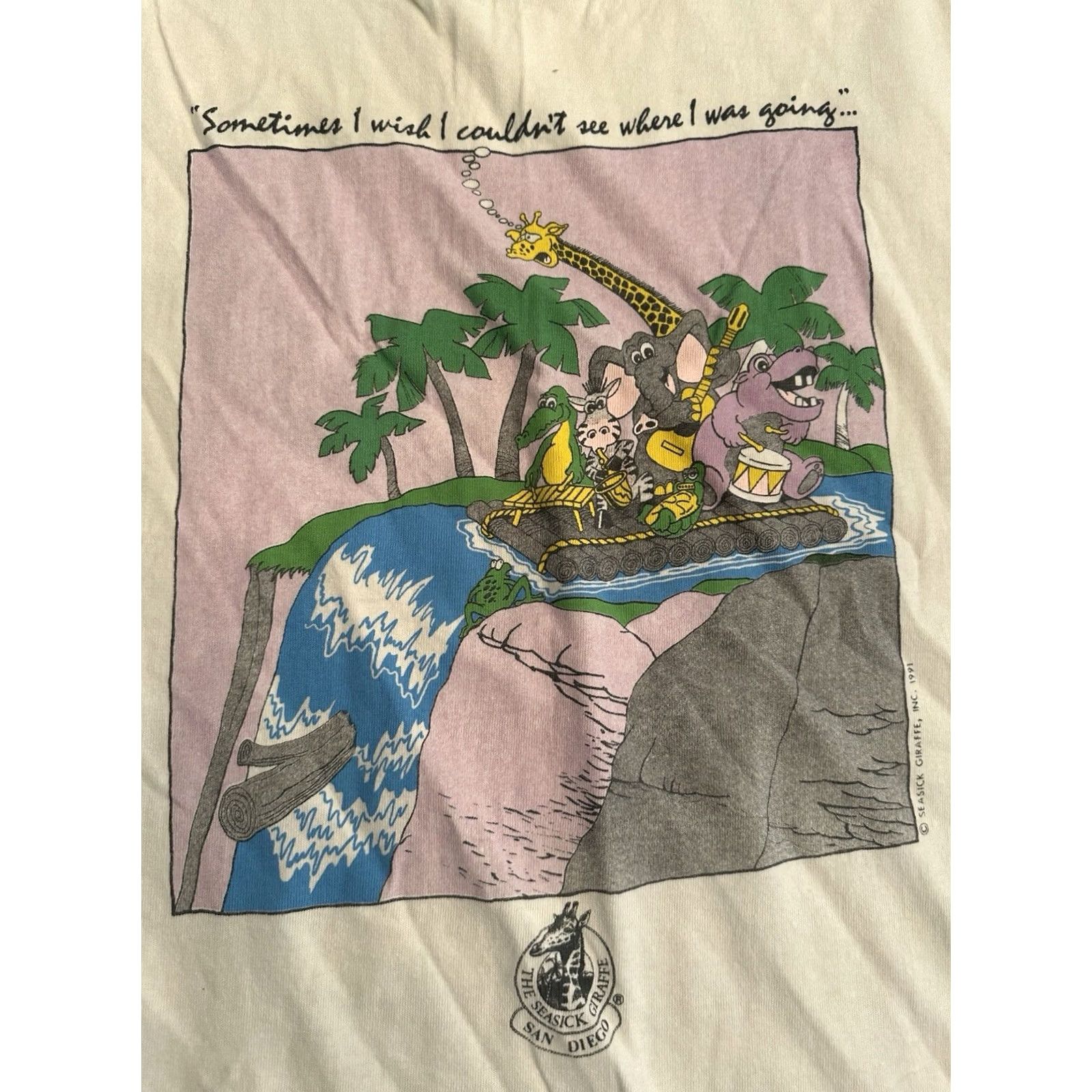 Vintage VINTAGE 1991 San Diego Zoo Cartoon Funny Sleep Shirt Womens White Giraffe Sea Sick One Size Sleepwear Size ONE SIZE - 2 Thumbnail