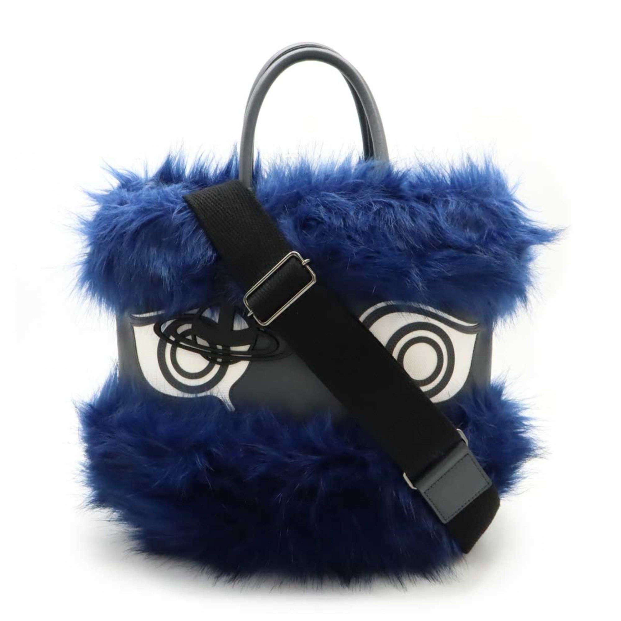 Vivienne Westwood Greek Eye Tote Bag, Fur Shoulder Faux Fur, Leather, Blue, Women's