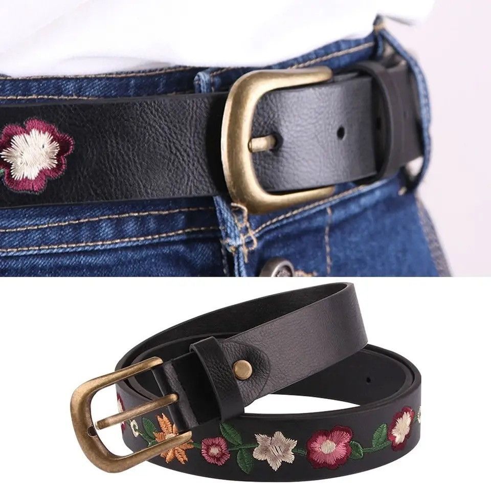 Leather Versatile Embroidered Flower Leather Belt Size ONE SIZE - 3 Thumbnail