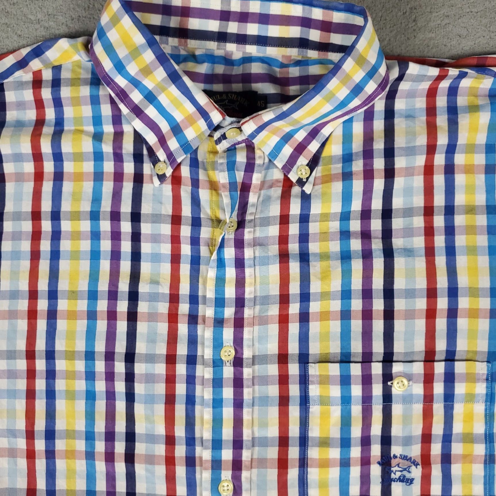 Paul & Shark Paul & Shark Shirt Mens 45 Blue Check Button-Up Short Sleeve Casual Classic, Colorful, Preppy, Modern Mens Clothing Size US XXL / EU 58 / 5 - 2 Thumbnail