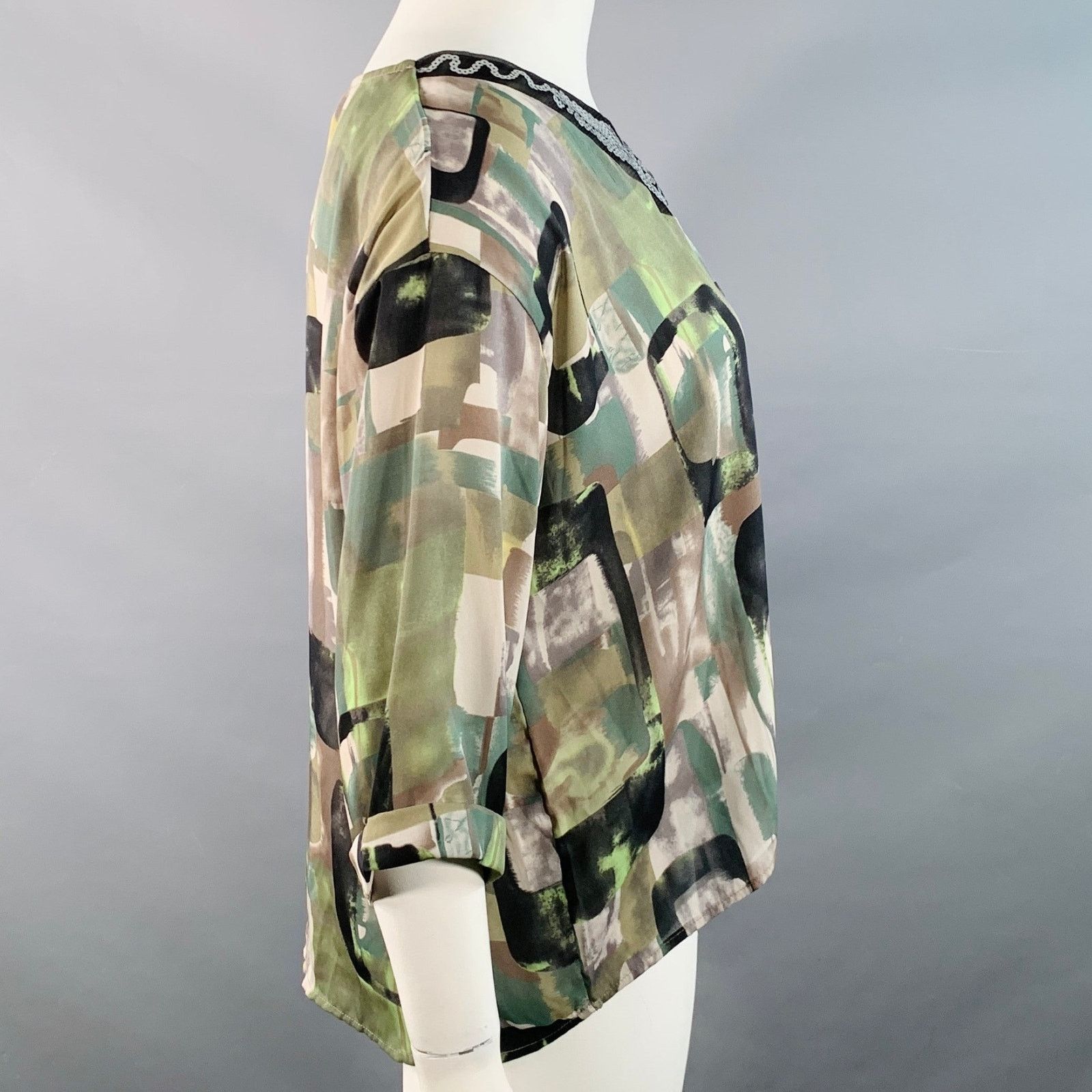 Emilio Pucci L Green Black Silk Graphic Sequined Cuffed Blouse Size L / US 10 / IT 46 - 2 Thumbnail