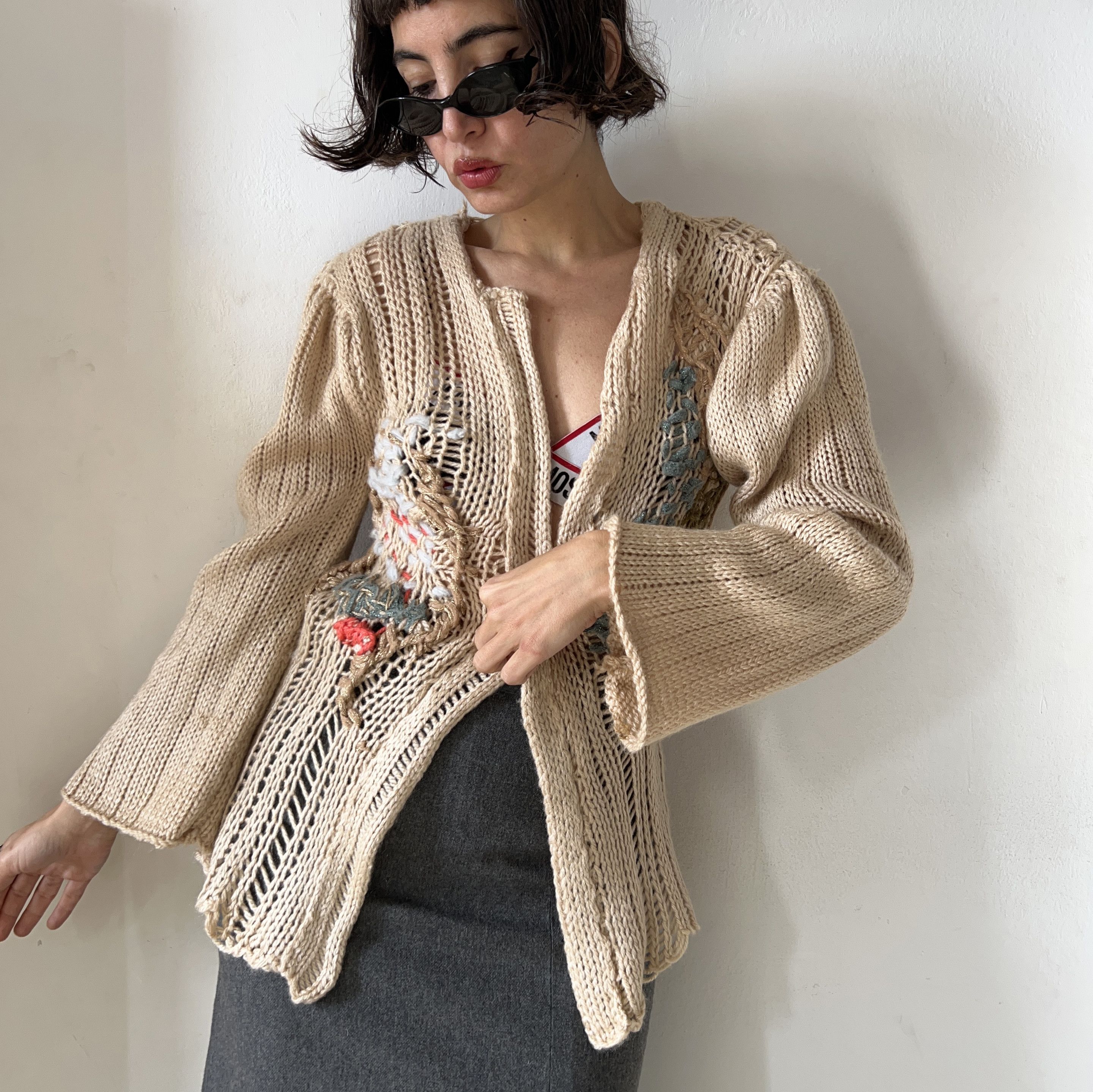 Designer × Handmade Hand knitted crochet tapestry beige open cardigan Size S / US 4 / IT 40 - 3 Thumbnail